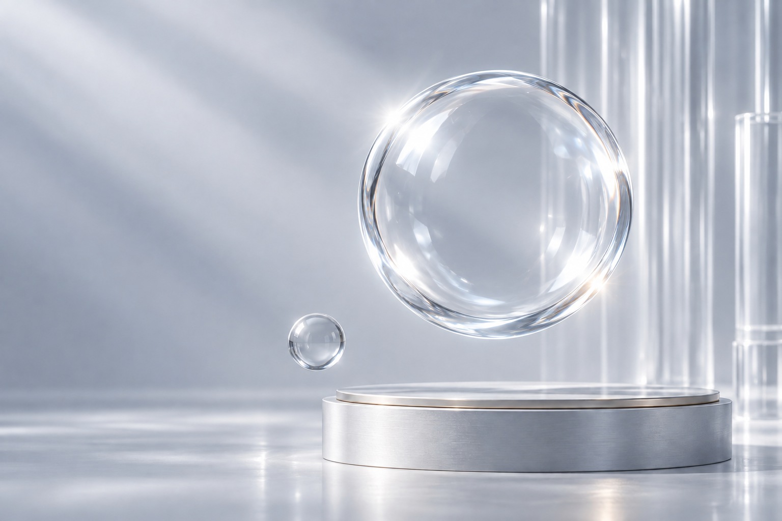 A clear glass sphere floats above a silver pedestal in a pale silver studio
